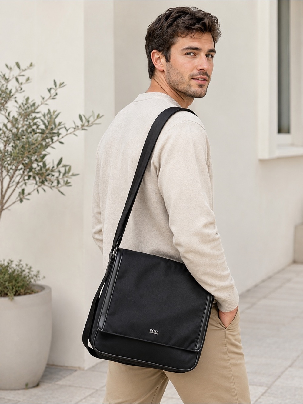 Vintage HUGO BOSS Black Nylon Messenger Bag with Leather Trim Work School Travel